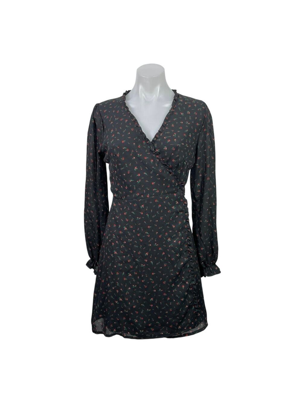 Mi Ami Black Floral Long Sleeve Ruffle V Neck A Line Tie Wrap Mini Dress Size S